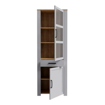Bruma Grey 2 Door 1 Drawer Narrow Display Cabinet inc. 2x LED Lights | Riviera Oak
