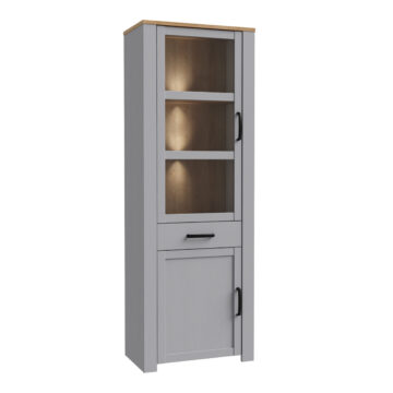 Bruma Grey 2 Door 1 Drawer Narrow Display Cabinet inc. 2x LED Lights | Riviera Oak