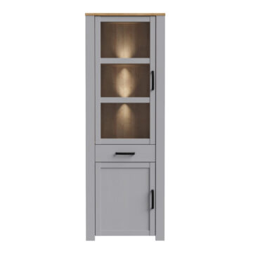 Bruma Grey 2 Door 1 Drawer Narrow Display Cabinet inc. 2x LED Lights | Riviera Oak