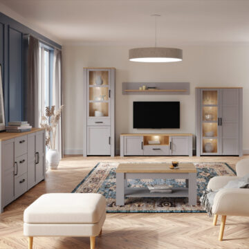 Bruma Grey 2 Door 1 Drawer Narrow Display Cabinet inc. 2x LED Lights | Riviera Oak