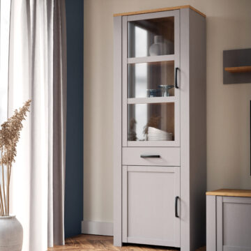 Bruma Grey 2 Door 1 Drawer Narrow Display Cabinet inc. 2x LED Lights | Riviera Oak