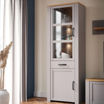 Bruma Grey 2 Door 1 Drawer Narrow Display Cabinet inc. 2x LED Lights | Riviera Oak