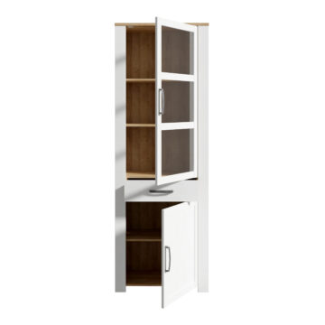 Bruma White 2 Door 1 Drawer Narrow Display Cabinet inc. 2x LED Lights | Riviera Oak