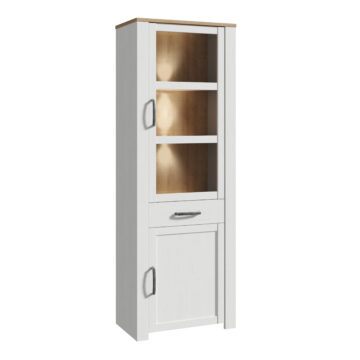 Bruma White 2 Door 1 Drawer Narrow Display Cabinet inc. 2x LED Lights | Riviera Oak