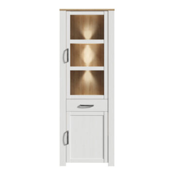 Bruma White 2 Door 1 Drawer Narrow Display Cabinet inc. 2x LED Lights | Riviera Oak