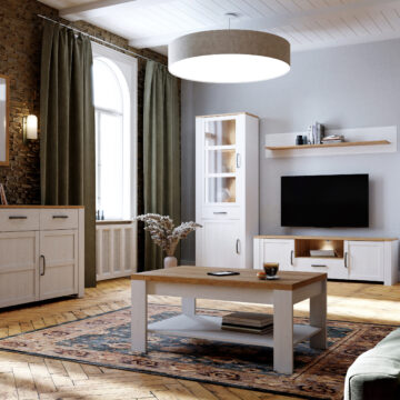 Bruma White 2 Door 1 Drawer Narrow Display Cabinet inc. 2x LED Lights | Riviera Oak