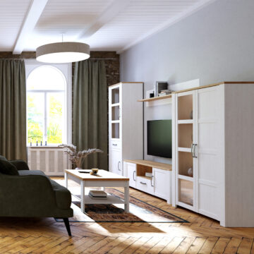 Bruma White 2 Door 1 Drawer Narrow Display Cabinet inc. 2x LED Lights | Riviera Oak