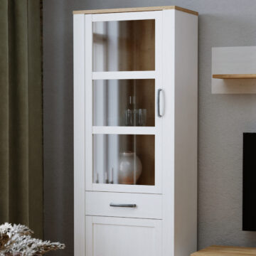 Bruma White 2 Door 1 Drawer Narrow Display Cabinet inc. 2x LED Lights | Riviera Oak