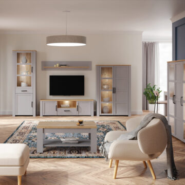 Bruma Grey 2 Door 1 Drawer TV Unit 166cm | LED Light | Riviera Oak Finish