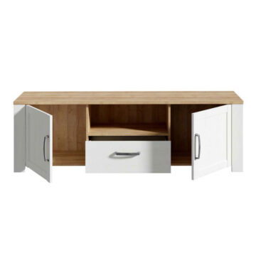 Bruma White 2 Door 1 Drawer TV Unit 166cm | LED Light | Riviera Oak Finish
