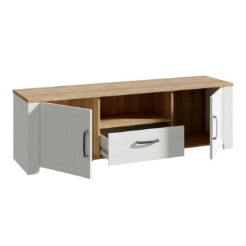 Bruma White 2 Door 1 Drawer TV Unit 166cm | LED Light | Riviera Oak Finish