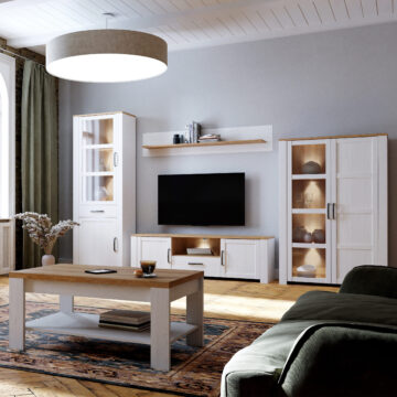 Bruma White 2 Door 1 Drawer TV Unit 166cm | LED Light | Riviera Oak Finish