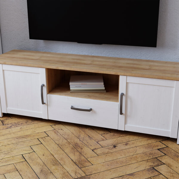 Bruma TV Unit inc. LED Light in Riviera Oak/White | Assembly Required