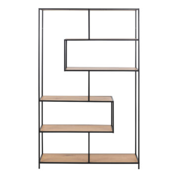 Milford Black Metal Large Asymmetrical Bookcase with 5 Oak Shelves