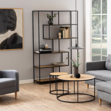 Milford Black Metal Large Asymmetrical 5 Shelf Bookcase | Oak Finish