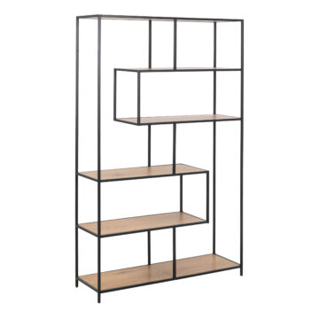 Milford Black Metal Large Asymmetrical Bookcase with 5 Oak Shelves