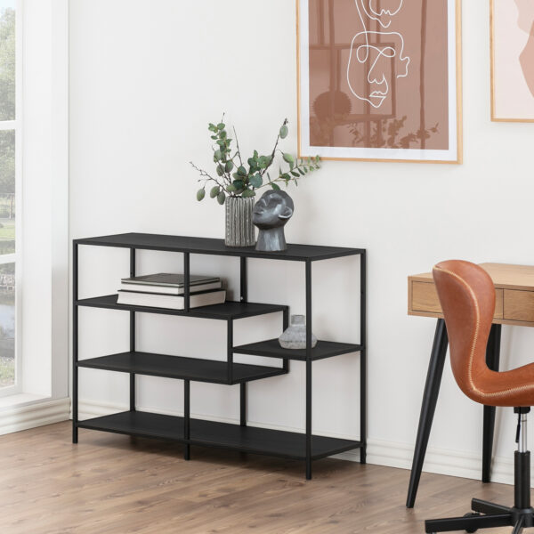 Milford Wide Black Metal Bookcase with 4 Black Oak Shelves | Assembly Required