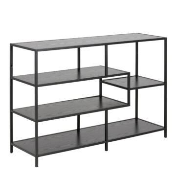 Milford Wide Black Metal Bookcase with 4 Black Oak Shelves
