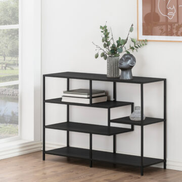 Milford Wide Black Metal Bookcase with 4 Black Oak Shelves