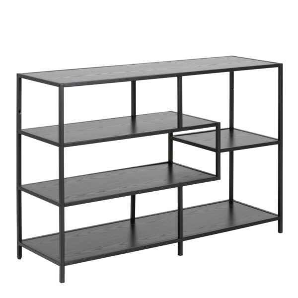 Milford Wide Black Metal Bookcase with 4 Black Oak Shelves