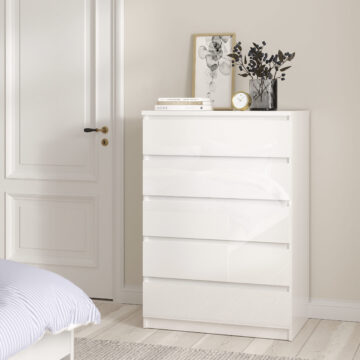 Moderno 3 Piece Bundle, Bedside, Chest and 2 Door 1 Drawer Wardrobe in White High Gloss