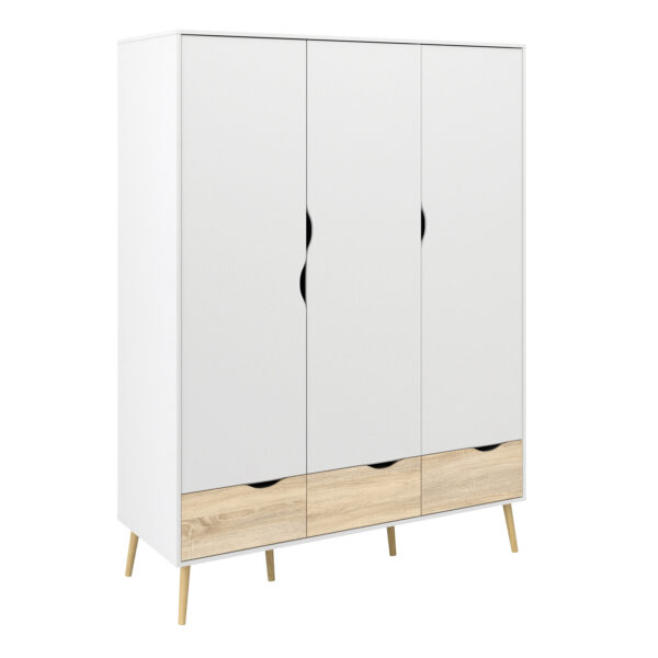 Oslo 3 Piece Bundle, Bedside, Chest and 3 Door 3 Drawers Wardrobe in White and Oak | Assembly Required
