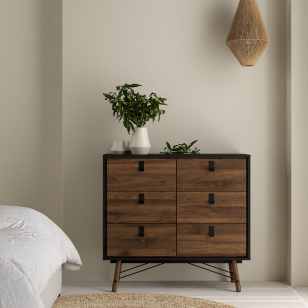 Ry 3 Piece Bundle, Bedside, Chest and 3 Door 3 Drawer Wardrobe in Matt Black Walnut | Assembly Required