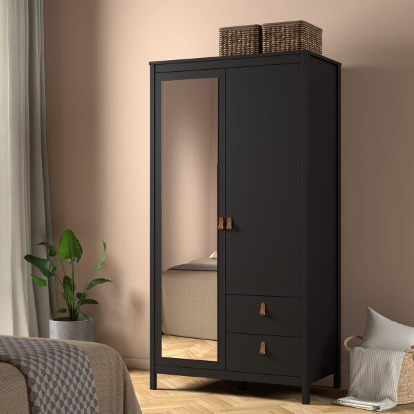 Seville Wardrobe with 1 door + 1 mirror door + 2 drawers Matt Black | Assembly Required
