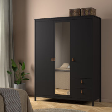 Seville Matt Black 2 Door Wardrobe with Drawers & Mirror