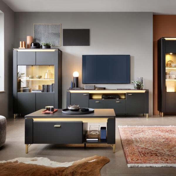 Talos TV Cabinet 2 Door 1 Drawer 200cm Wide in Black Matt/Gold | Assembly Required
