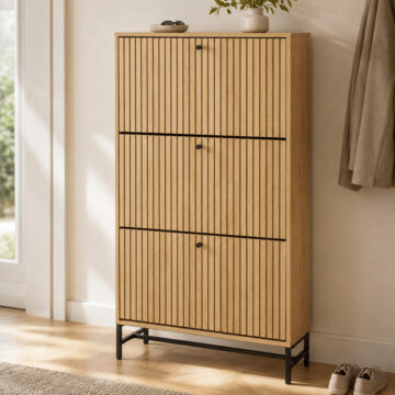 Liberty Shoe Cabinet 3 Flip Down Doors in Oak/Black Legs