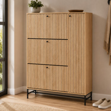 Liberty Shoe Cabinet 3 Flip Down Doors 1 Pull Open Door in Oak/Black Legs