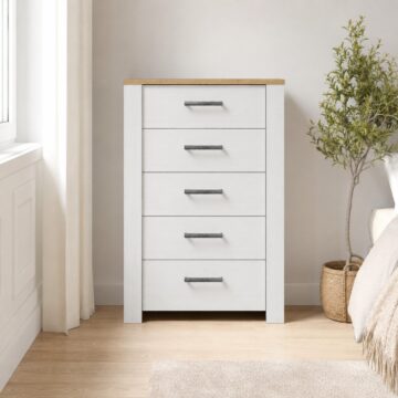 Ridge 5 Drawer Narrow Chest in Riviera Oak/White