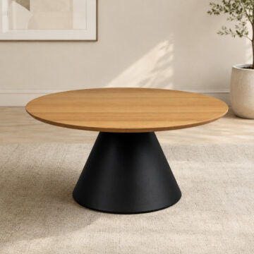 Soileil Black Round Coffee Table | Oak Finish | 85x40cm
