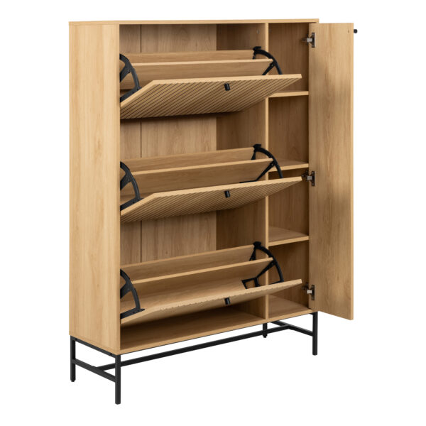 Liberty Shoe Cabinet 3 Flip Down Doors 1 Pull Open Door in Oak/Black Legs | Assembly Required