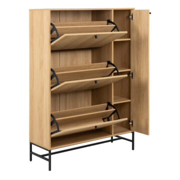 Liberty Shoe Cabinet 3 Flip Down Doors 1 Pull Open Door in Oak/Black Legs