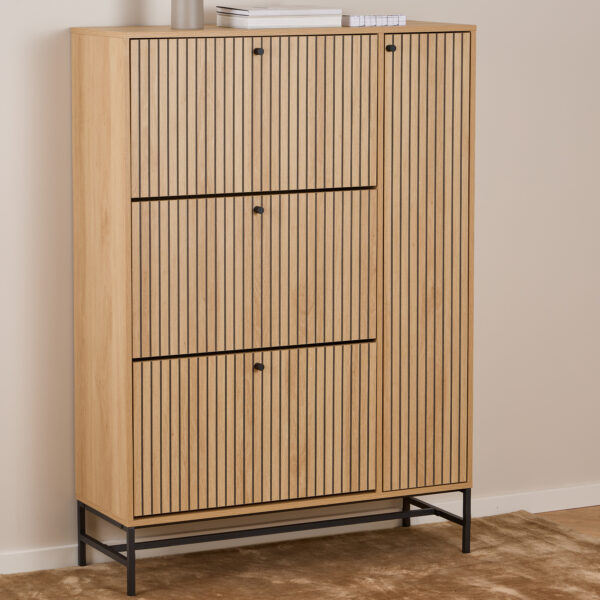 Liberty Shoe Cabinet 3 Flip Down Doors 1 Pull Open Door in Oak/Black Legs | Assembly Required