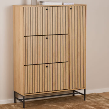 Liberty Shoe Cabinet 3 Flip Down Doors 1 Pull Open Door in Oak/Black Legs