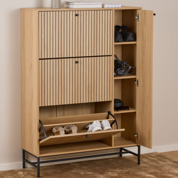 Liberty Shoe Cabinet 3 Flip Down Doors 1 Pull Open Door in Oak/Black Legs | Assembly Required