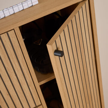 Liberty Shoe Cabinet 3 Flip Down Doors 1 Pull Open Door in Oak/Black Legs