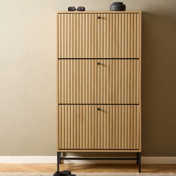 Liberty Shoe Cabinet 3 Flip Down Doors in Oak/Black Legs | Assembly Required