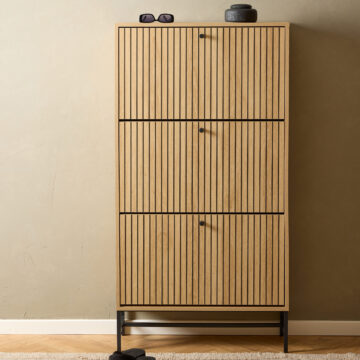 Liberty Shoe Cabinet 3 Flip Down Doors | Oak Finish |Black Legs