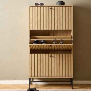 Liberty Shoe Cabinet 3 Flip Down Doors | Oak Finish |Black Legs