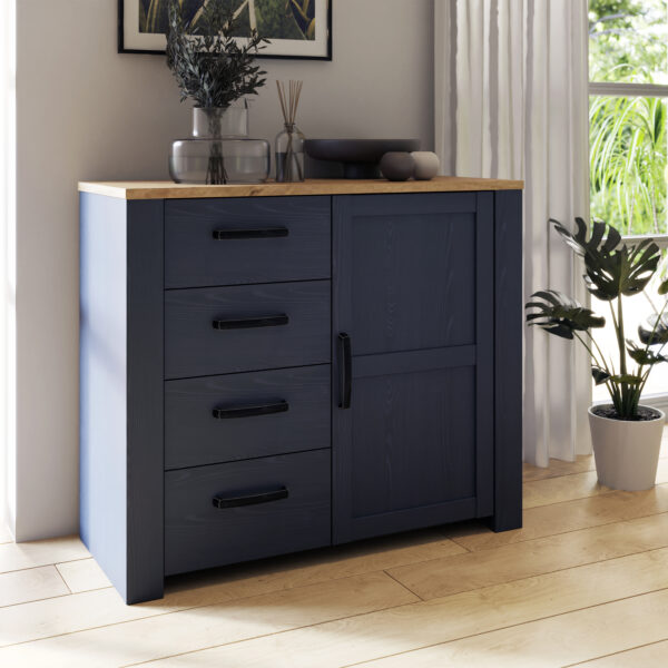 Ridge 1 Door 4 Drawer Chest in Riviera Oak/Navy | Assembly Required