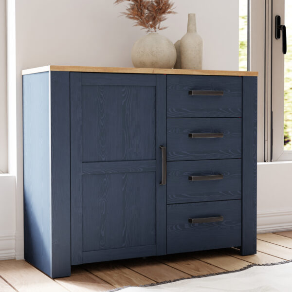 Ridge 1 Door 4 Drawer Chest in Riviera Oak/Navy | Assembly Required