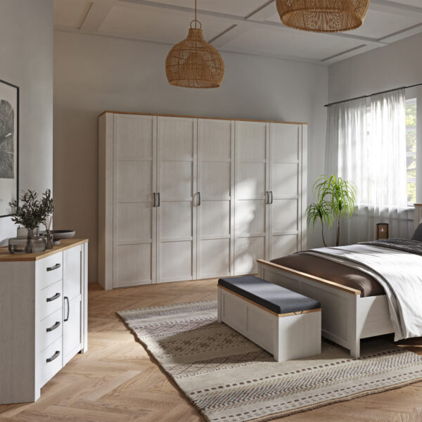 Ridge 1 Door 4 Drawer Chest in Riviera Oak/White | Assembly Required