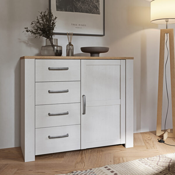 Ridge 1 Door 4 Drawer Chest in Riviera Oak/White | Assembly Required