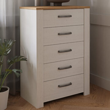 Ridge White 5 Drawer Narrow Chest | Riviera Oak