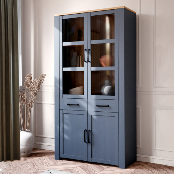 Ridge Display Cabinet 4 Door 1 Drawer in Oak/Navy | Assembly Required
