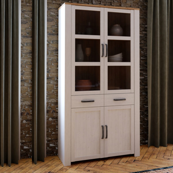 Ridge Display Cabinet 4 Door 1 Drawer in Oak/White | Assembly Required